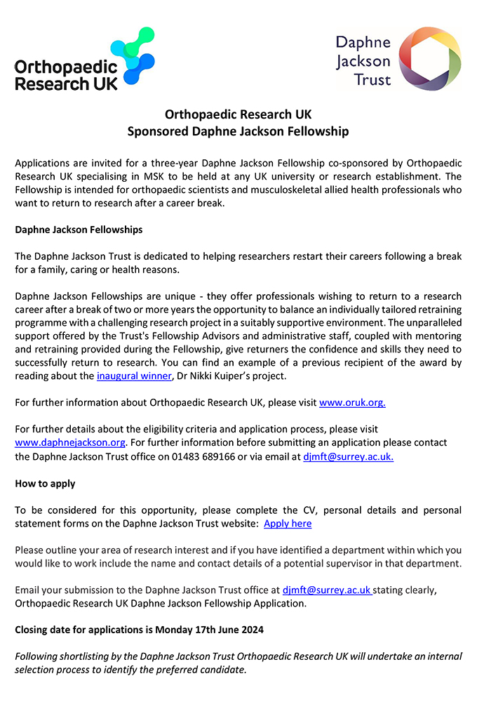 Orthopaedic Research UK Sponsored Daphne Jackson Fellowship